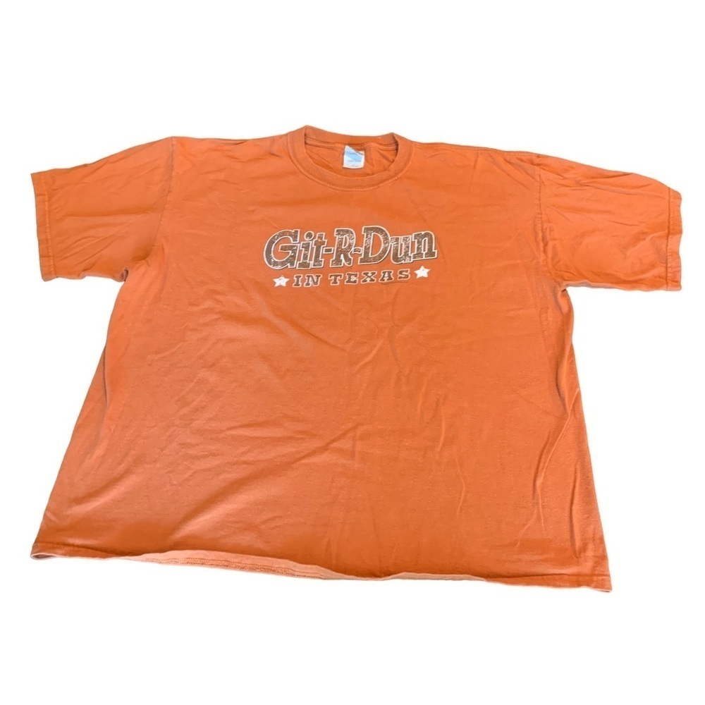 Git-R-Dun in Texas Men’s Orange Vintage 2000s Short Sleeve T-Shirt Size 2XL